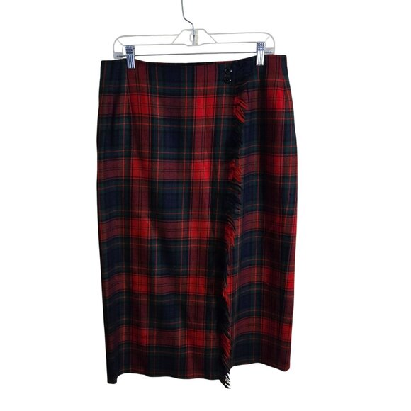 Rafaella Vintage Tartan Plaid Worsted Wool Wrap Midi Skirt Fringe Detail Size 14 - Picture 2 of 6